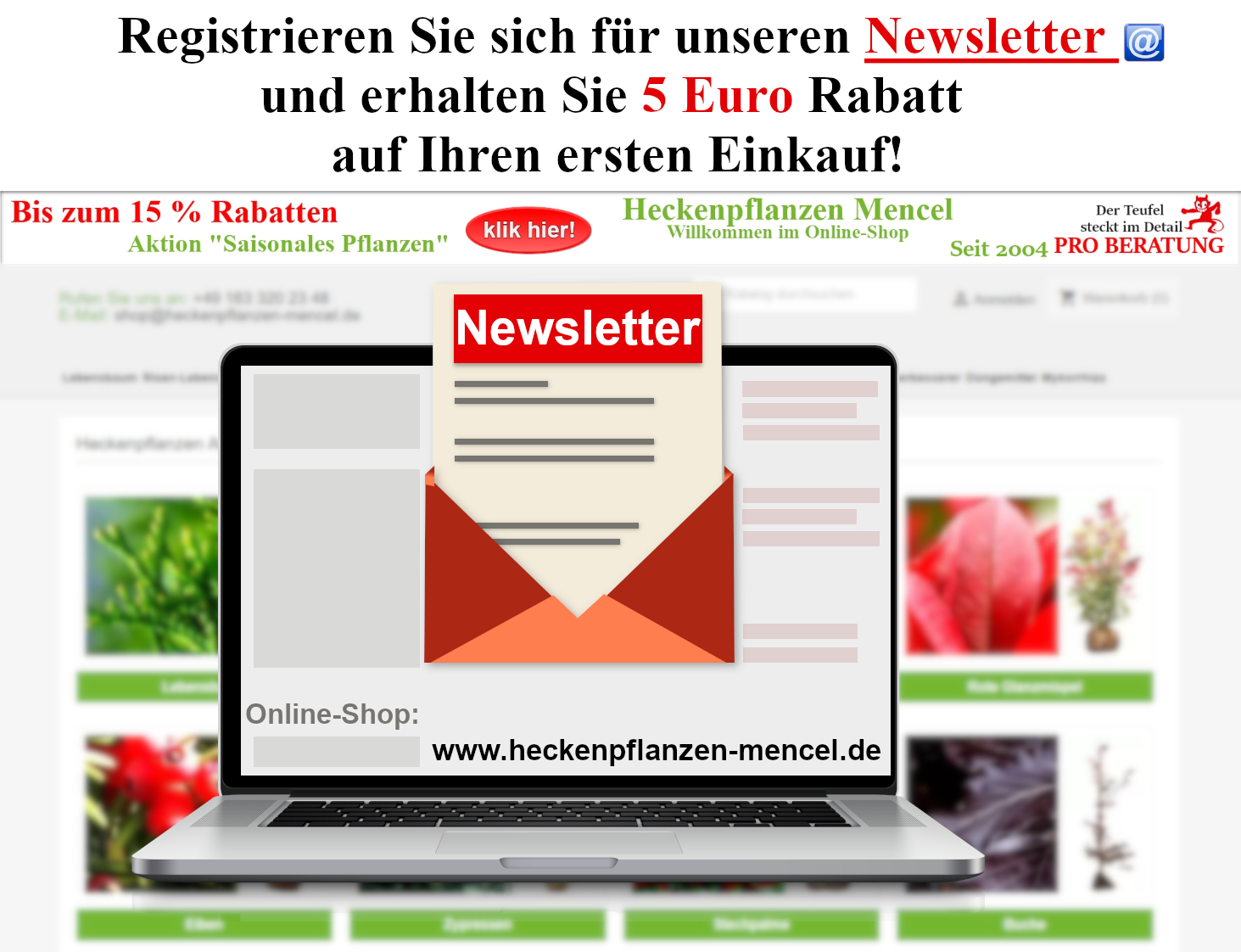 Registrieren Newsletter und 5 Euro Rabatt ersten Einkauf Online Shop heckenpflanzen mencel.de 